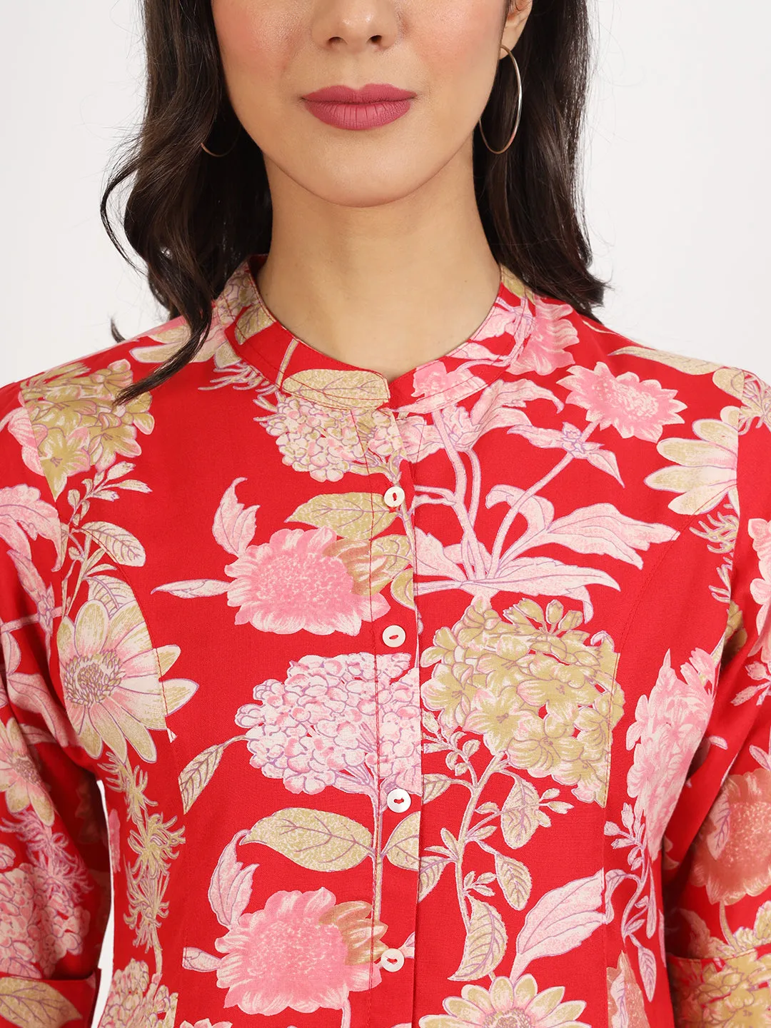 Jashvi Red Floral Printed Rayon Top