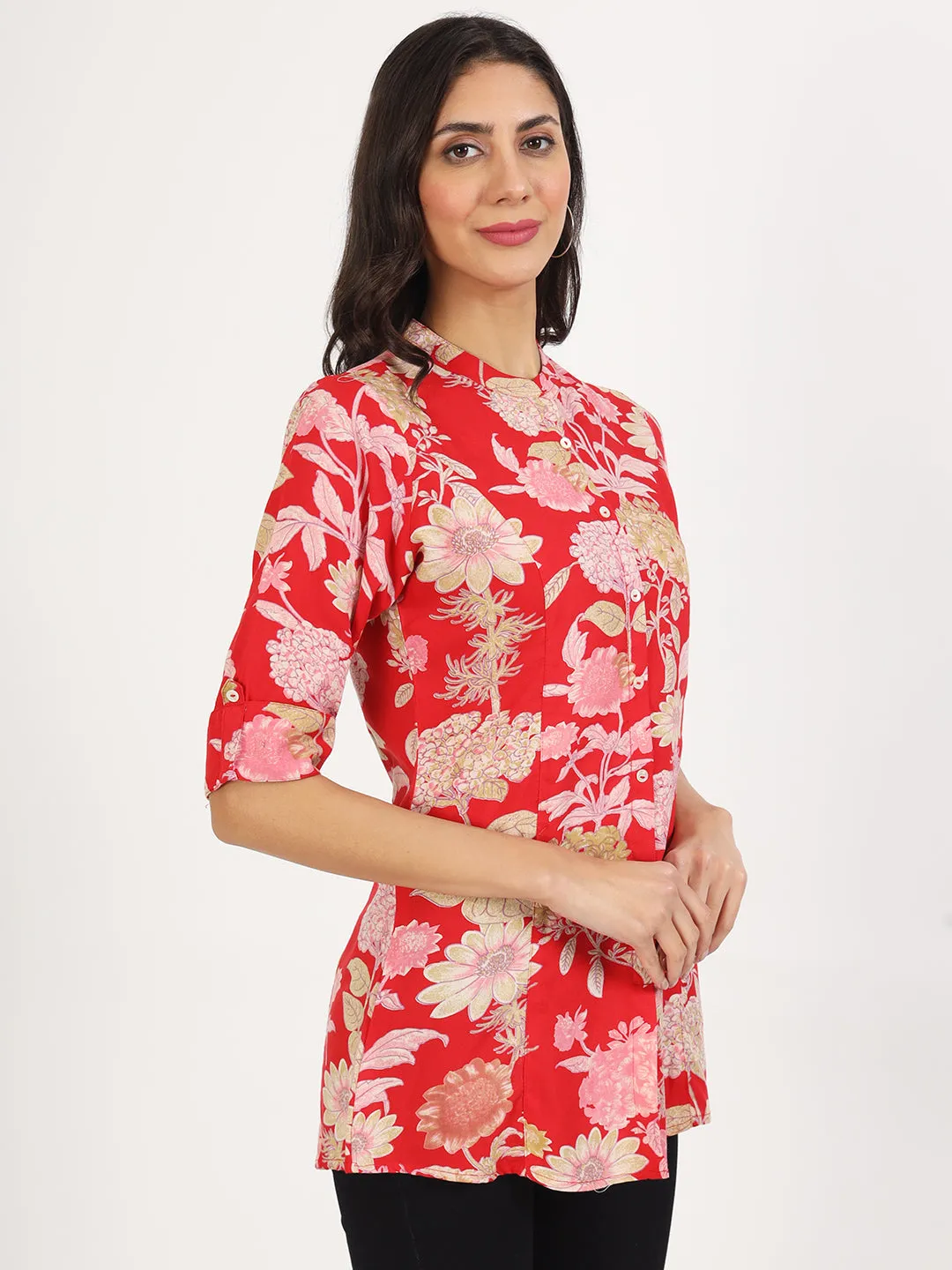 Jashvi Red Floral Printed Rayon Top