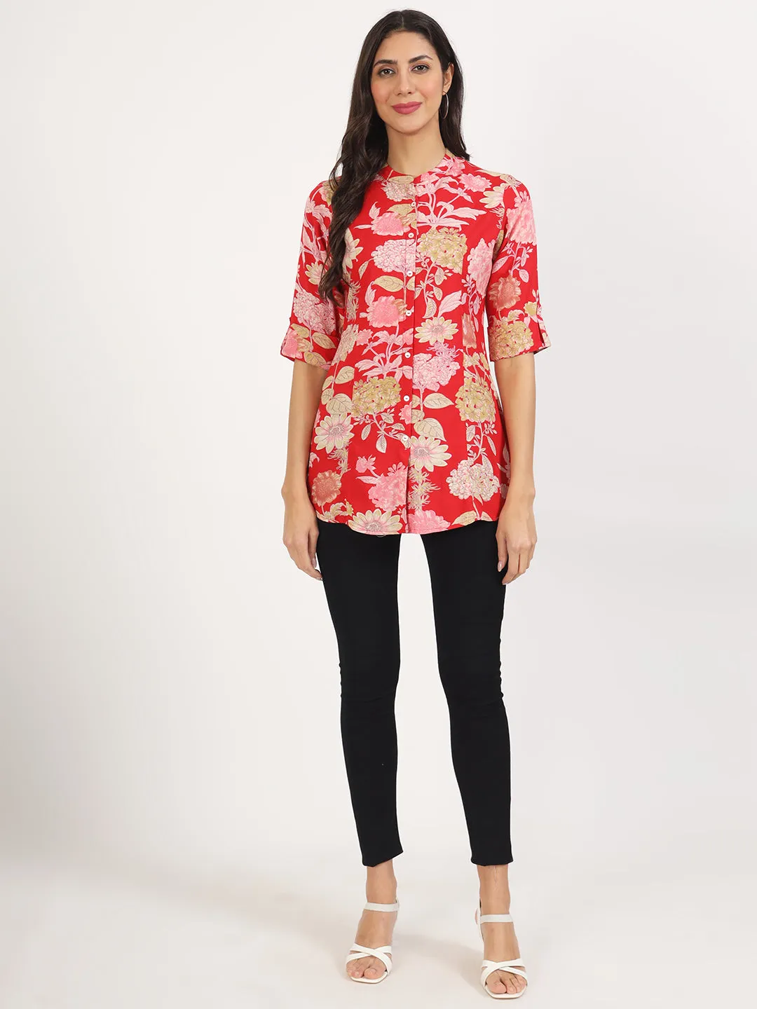 Jashvi Red Floral Printed Rayon Top