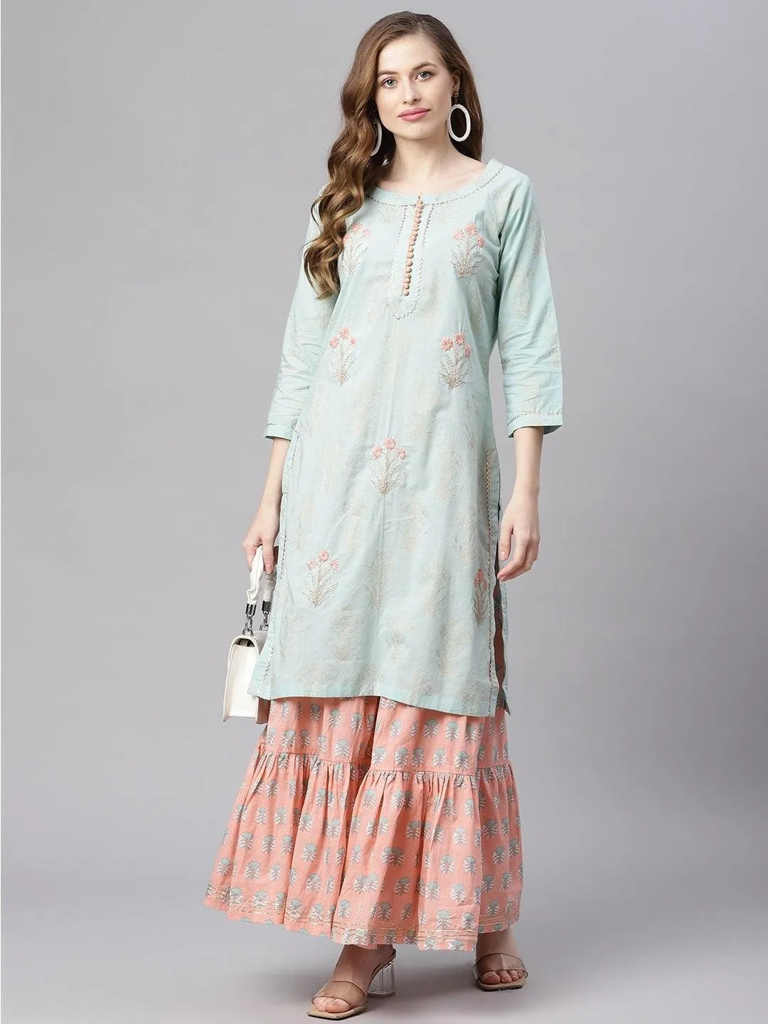 Jashvi  Sea Green & Peach Cotton Kurta Sharara Set