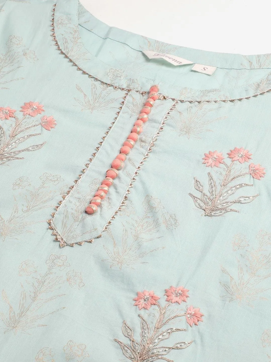 Jashvi  Sea Green & Peach Cotton Kurta Sharara Set