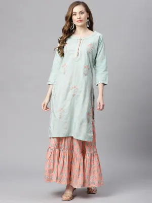 Jashvi  Sea Green & Peach Cotton Kurta Sharara Set