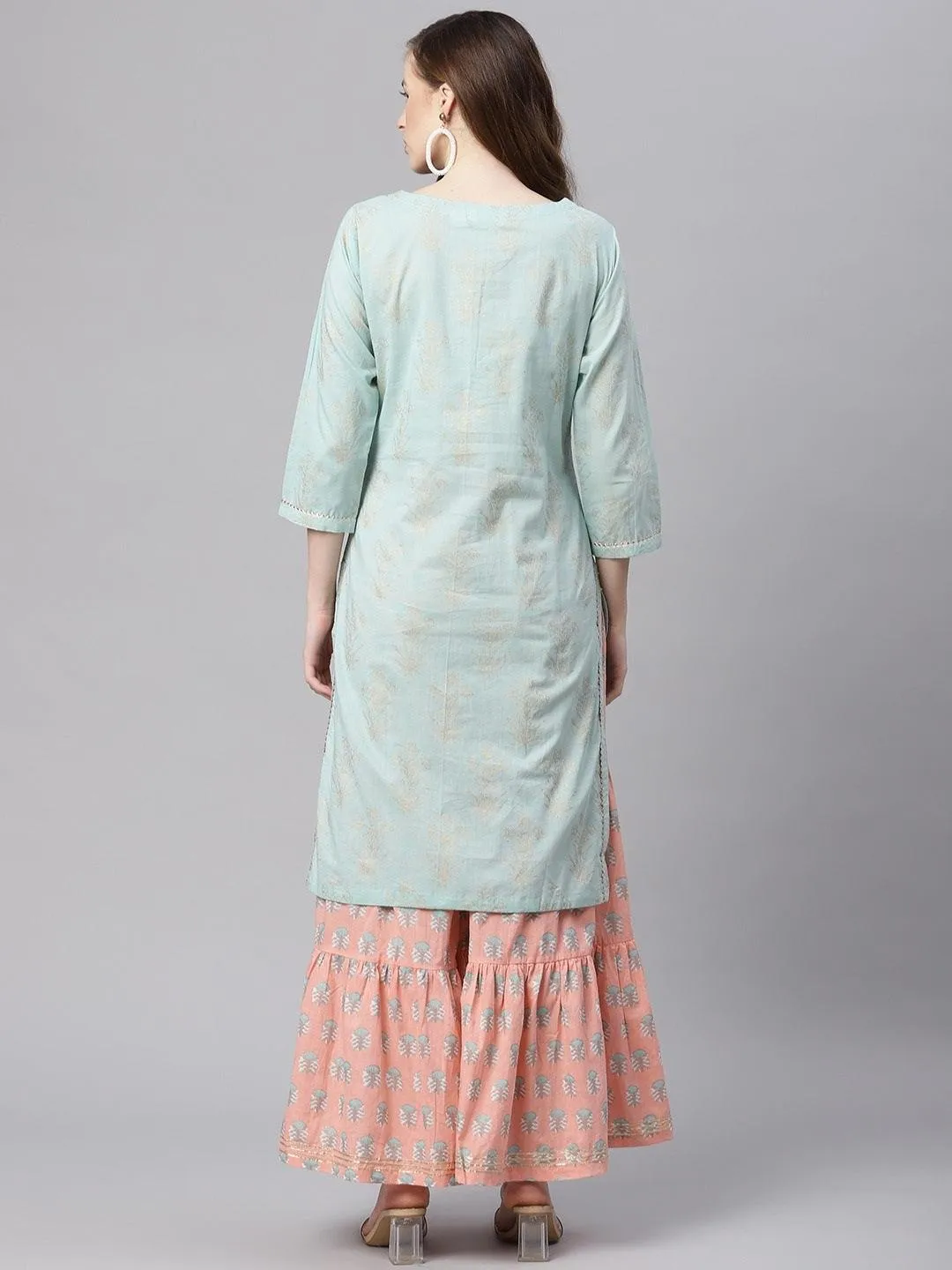 Jashvi  Sea Green & Peach Cotton Kurta Sharara Set