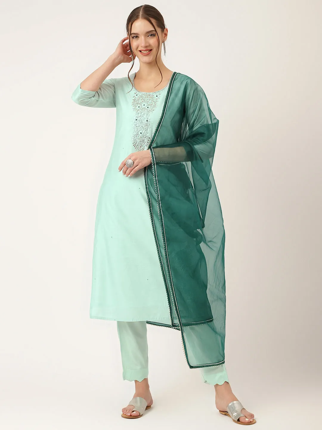 Jashvi Sea Green Embroidered Chanderi  Kurta, Trouser With Dupatta