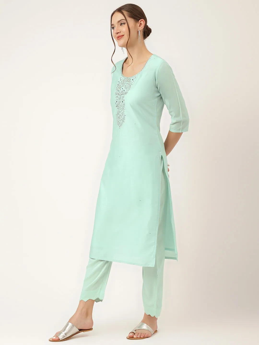 Jashvi Sea Green Embroidered Chanderi  Kurta, Trouser With Dupatta