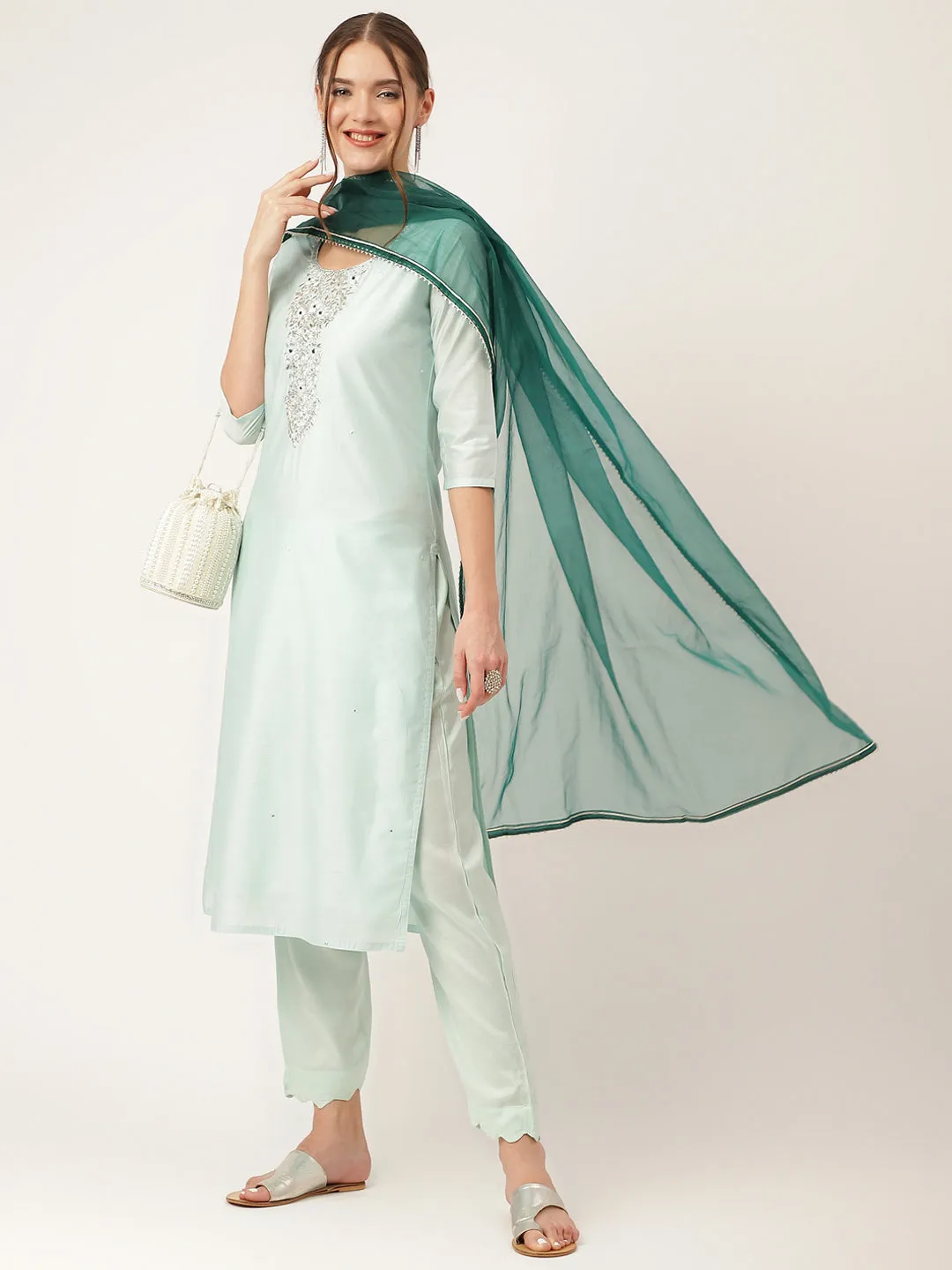 Jashvi Sea Green Embroidered Chanderi  Kurta, Trouser With Dupatta