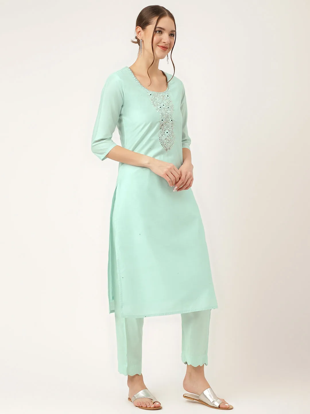 Jashvi Sea Green Embroidered Chanderi  Kurta, Trouser With Dupatta