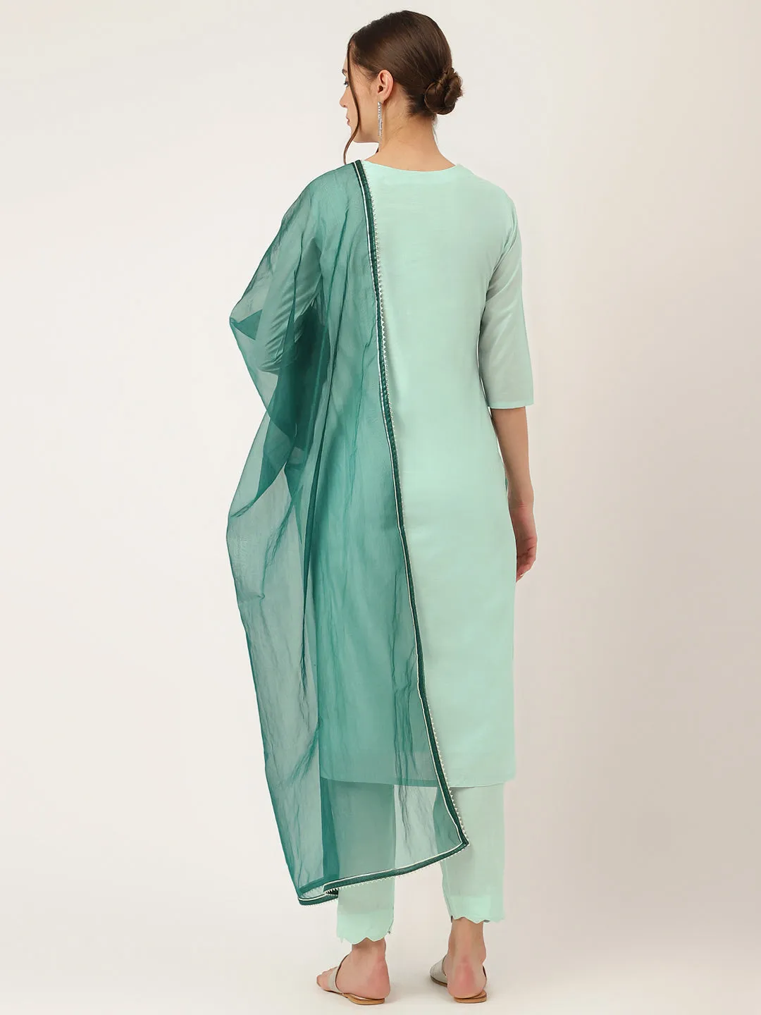 Jashvi Sea Green Embroidered Chanderi  Kurta, Trouser With Dupatta