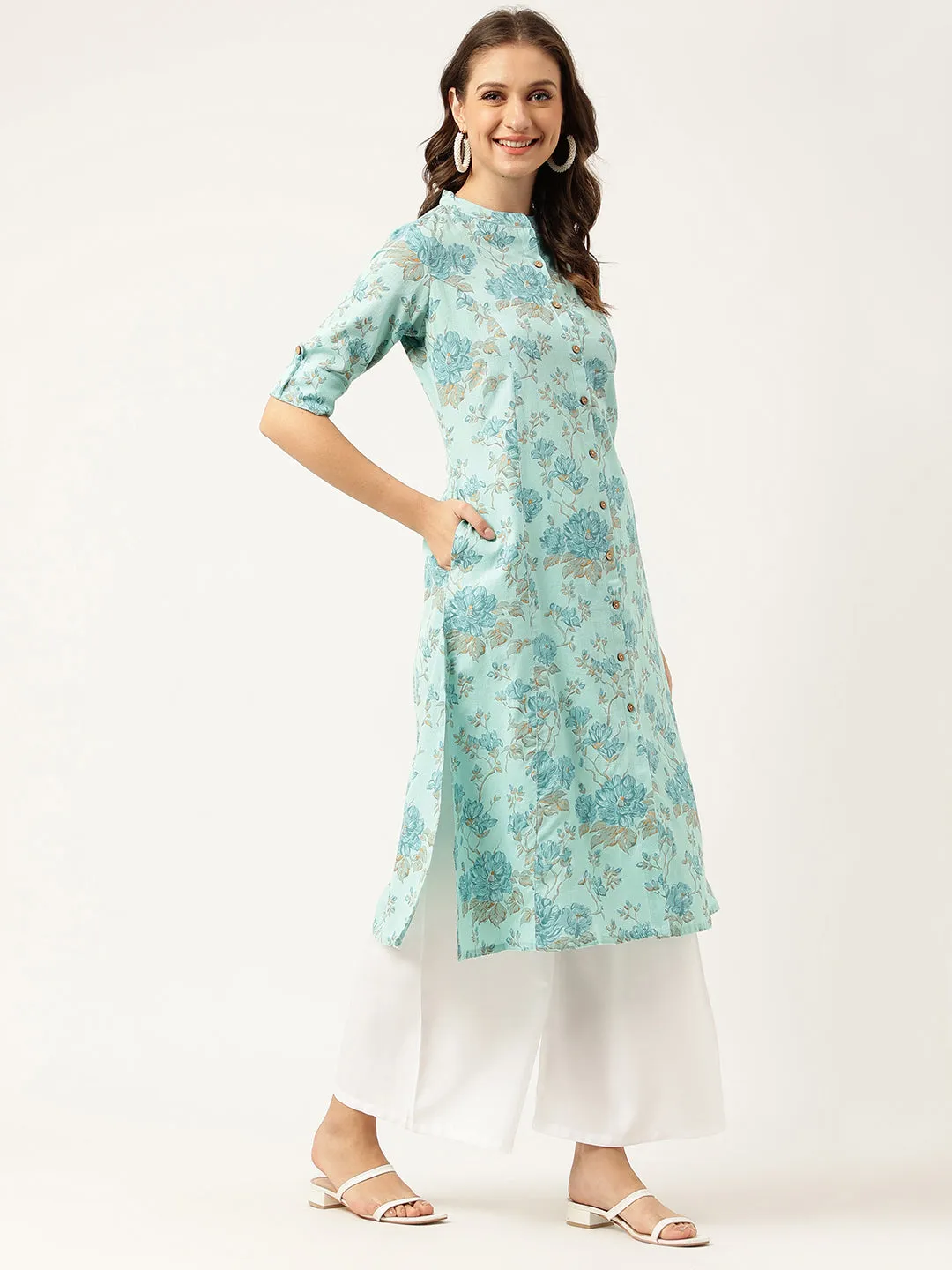 Jashvi Sea Green Floral Printed Cotton A-Line  Kurta