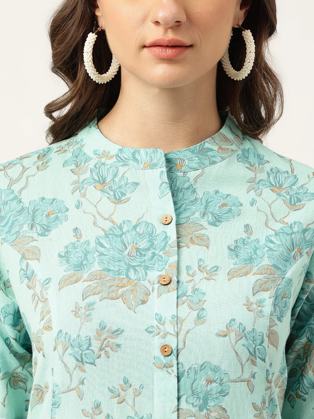 Jashvi Sea Green Floral Printed Cotton A-Line  Kurta