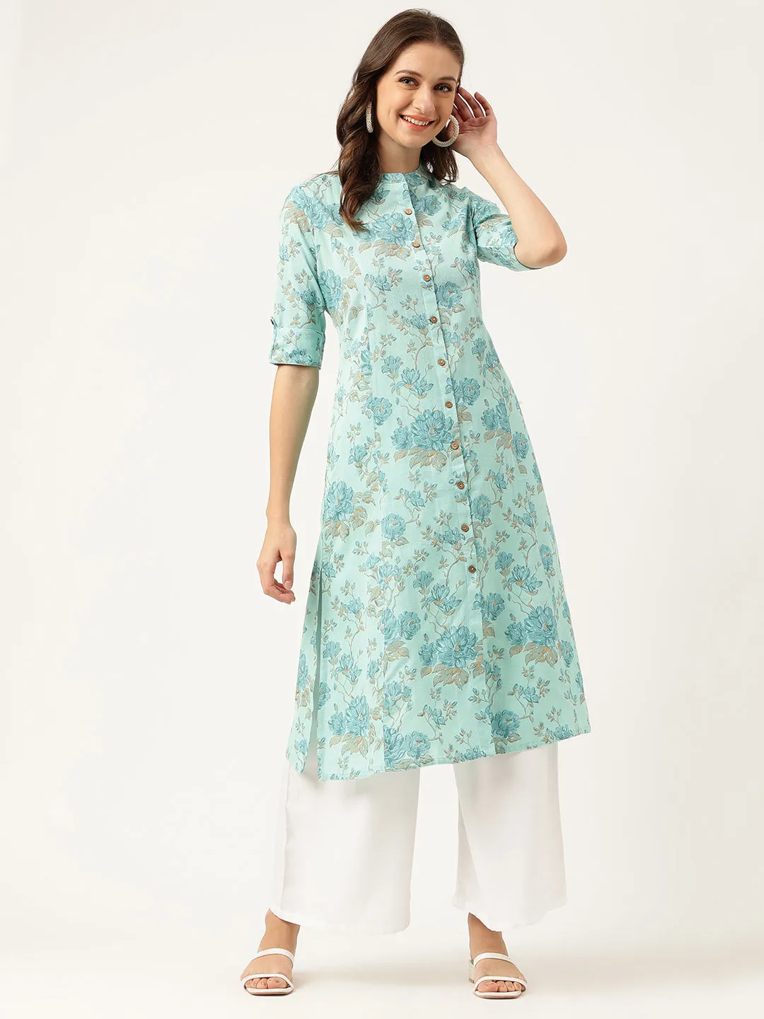 Jashvi Sea Green Floral Printed Cotton A-Line  Kurta