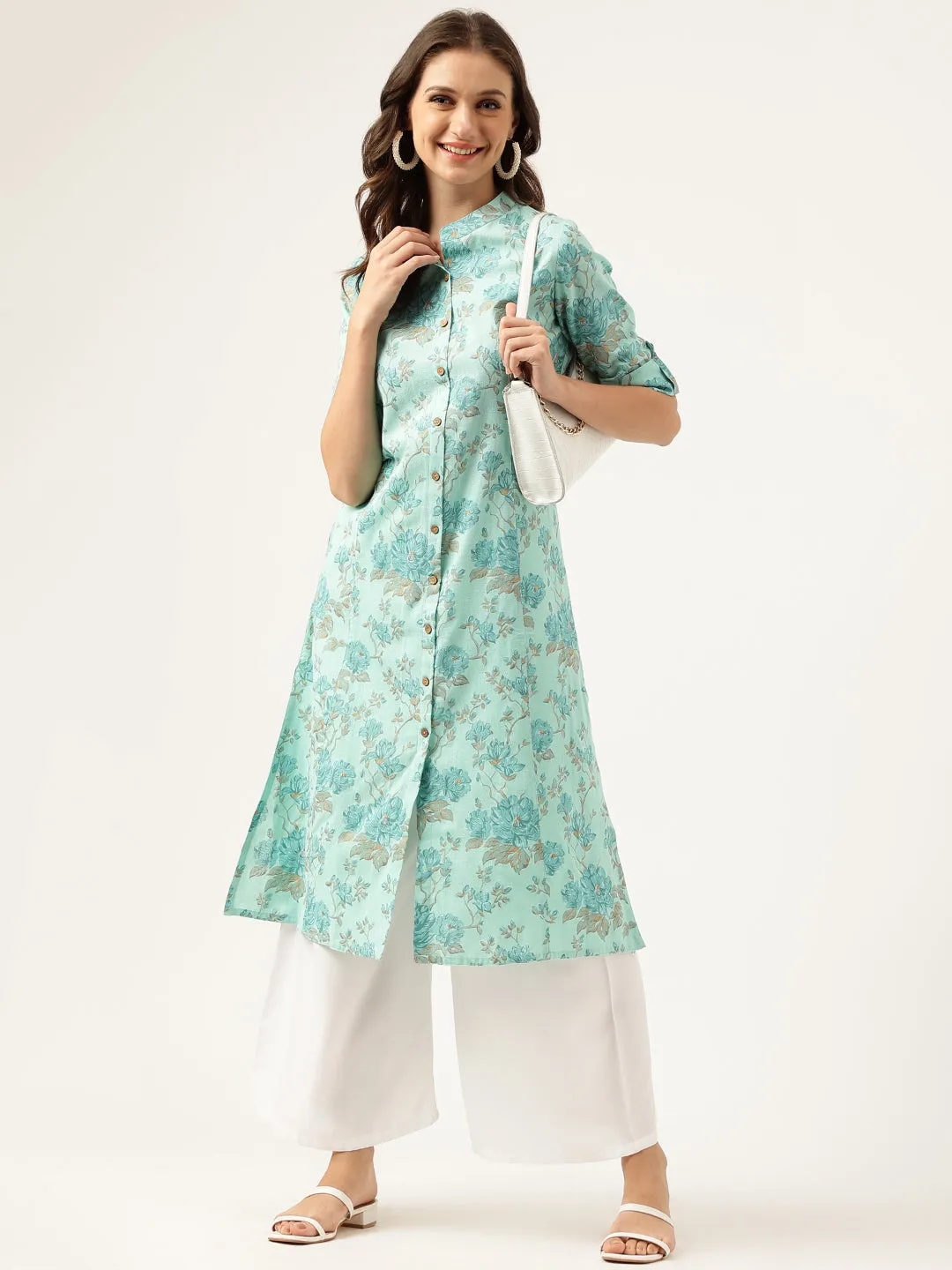 Jashvi Sea Green Floral Printed Cotton A-Line  Kurta