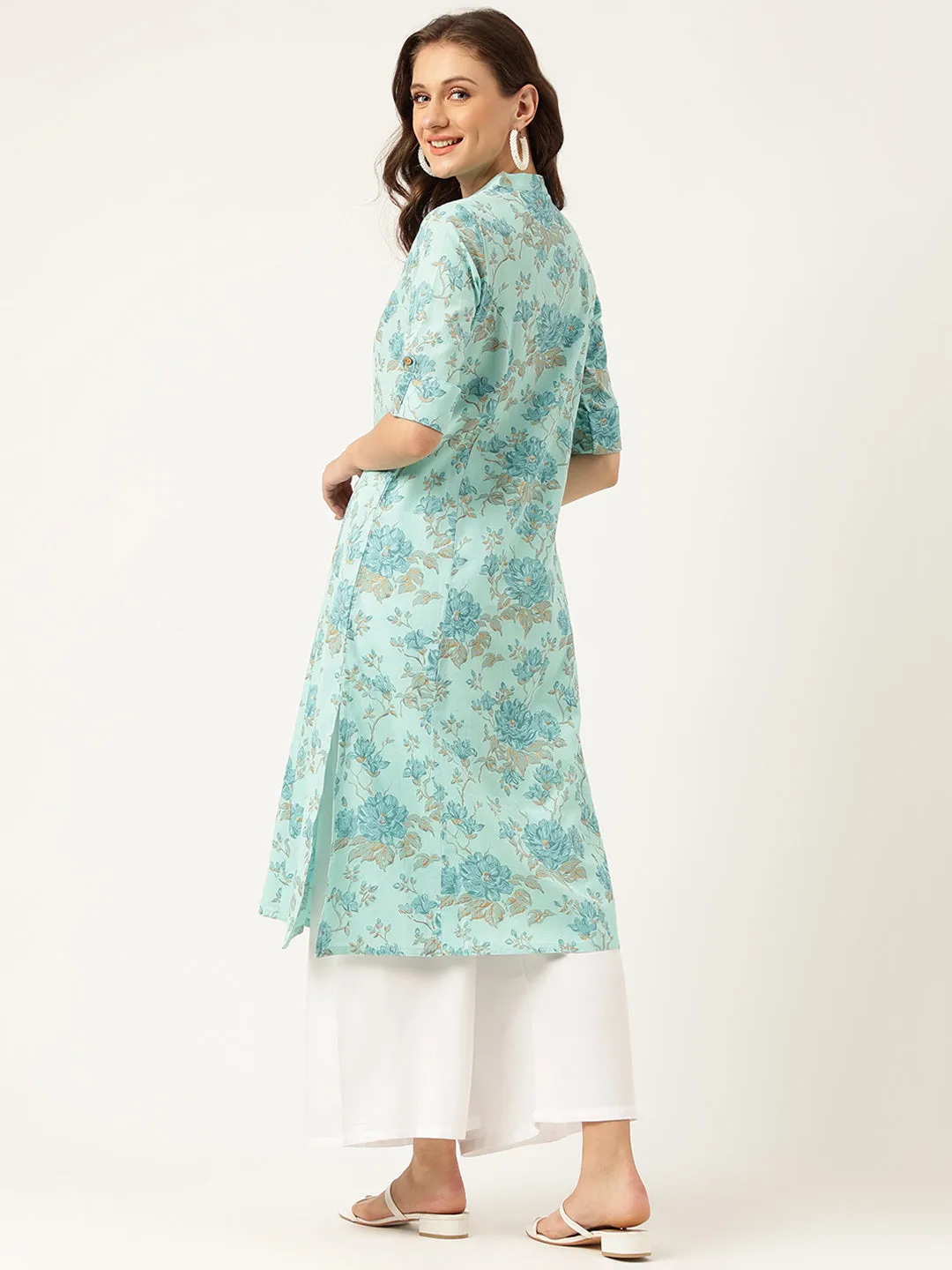 Jashvi Sea Green Floral Printed Cotton A-Line  Kurta