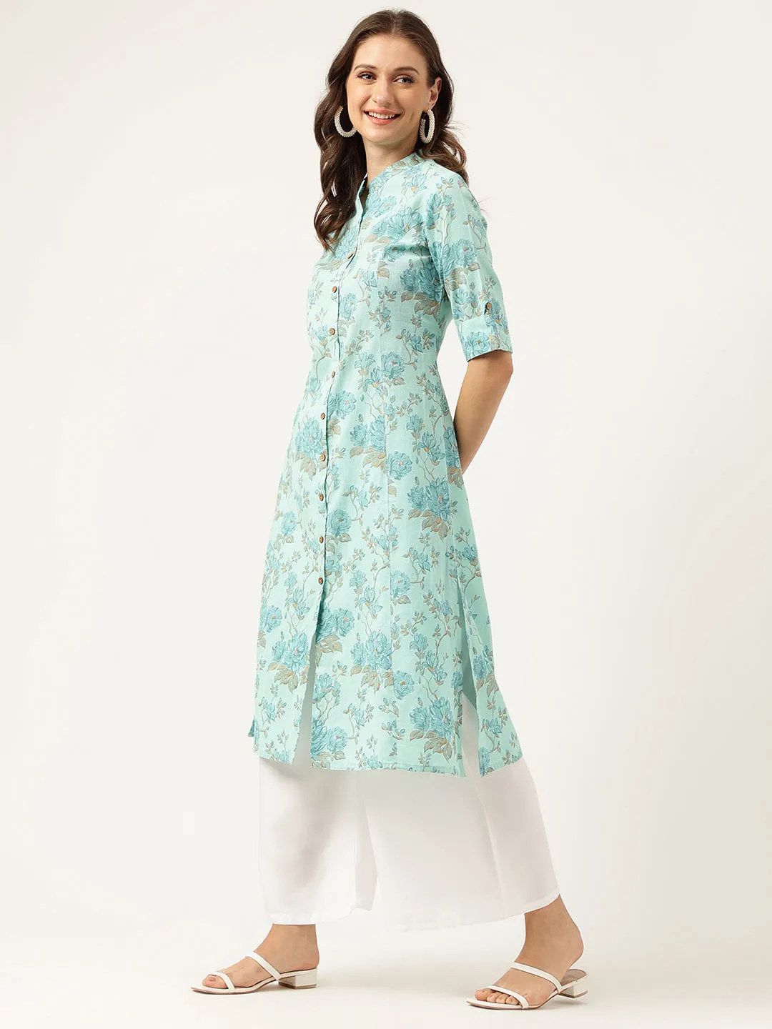 Jashvi Sea Green Floral Printed Cotton A-Line  Kurta