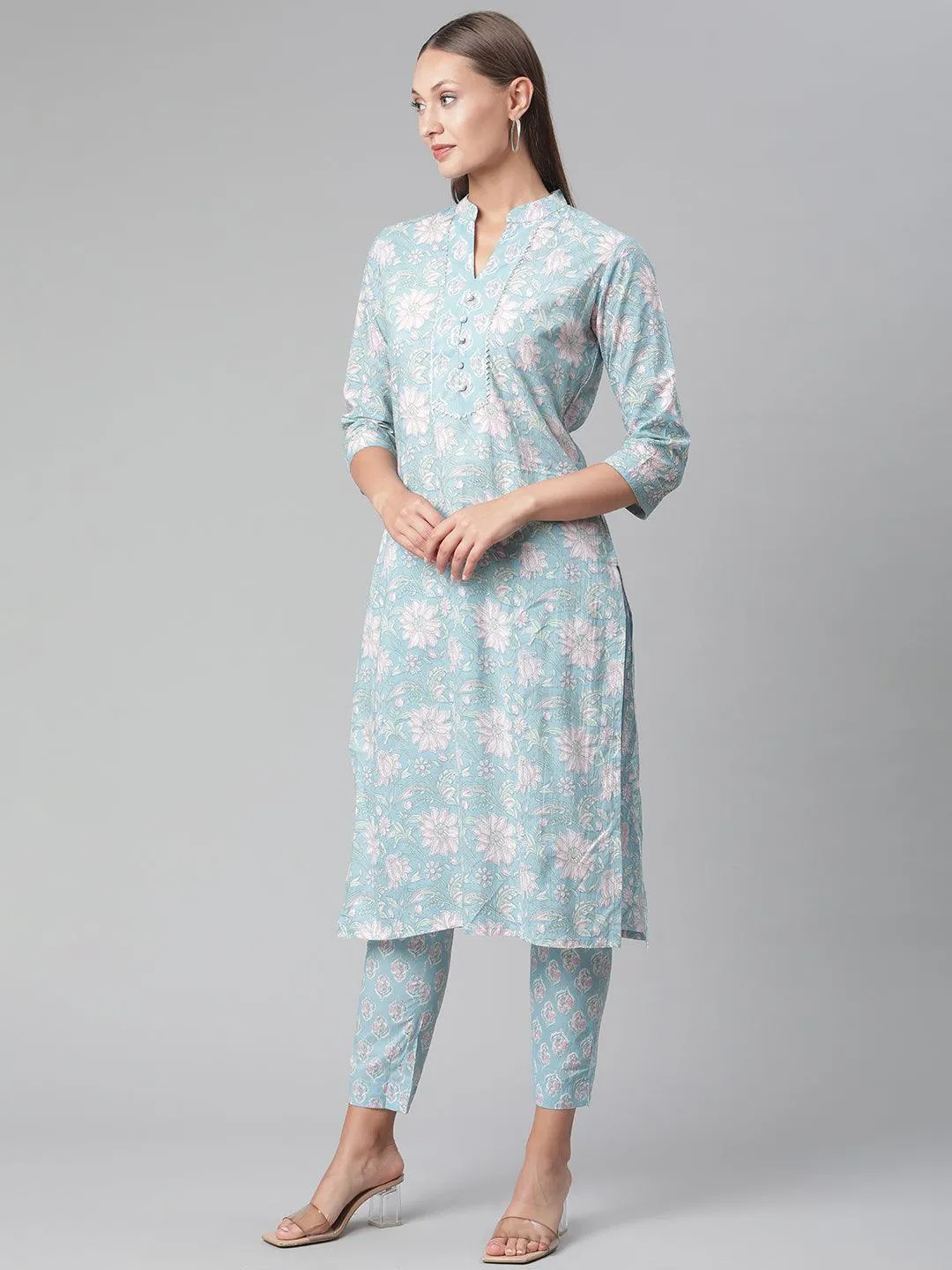 Jashvi Sky Blue Cotton kurta Pant set