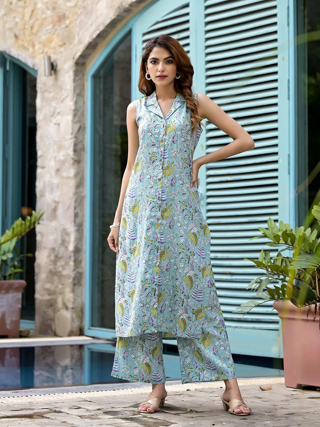 Jashvi Sky Blue Floral Printed  A-Line Rayon Kurta Set