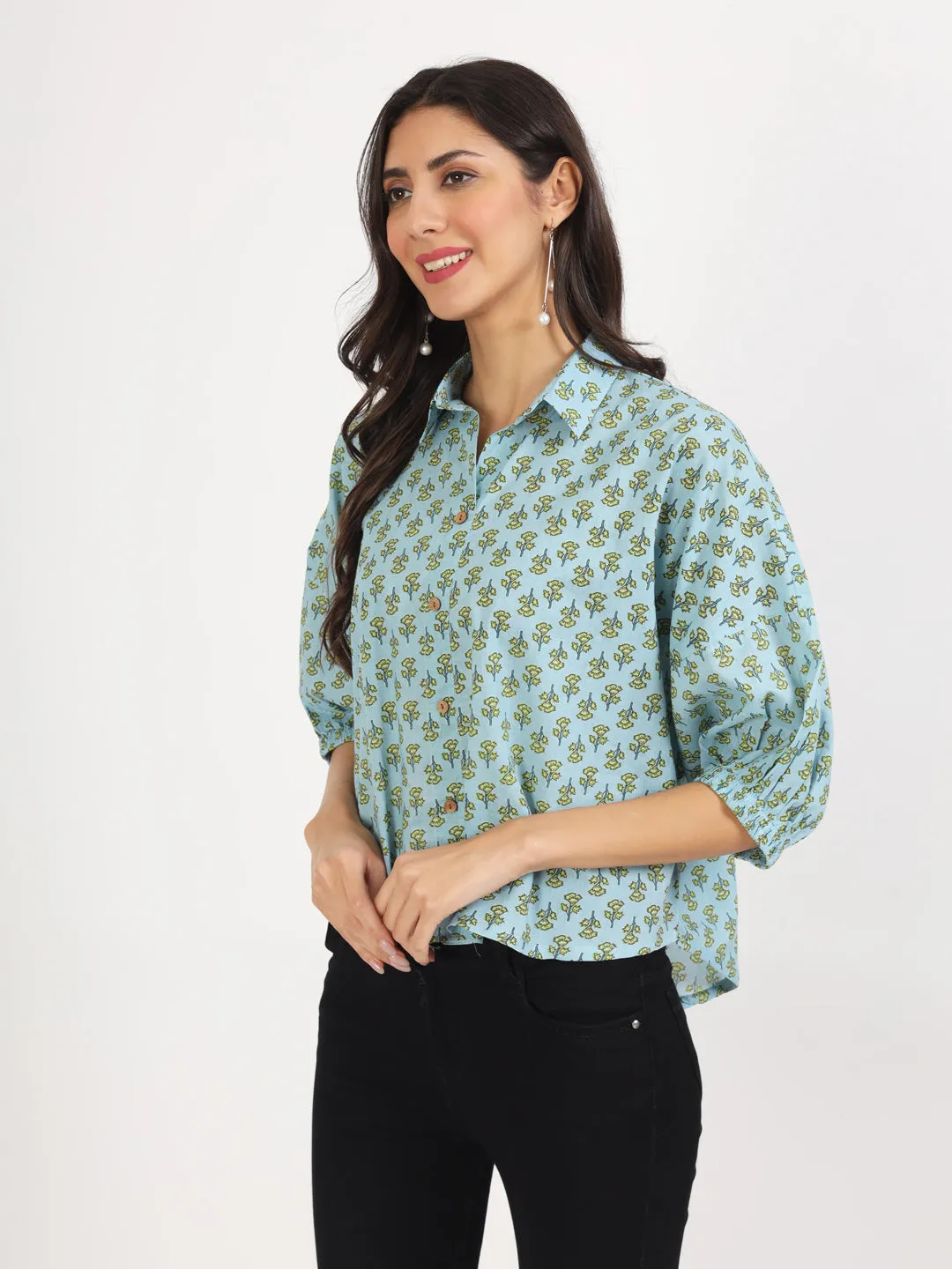 Jashvi Sky Blue Floral Printed Cotton Tops