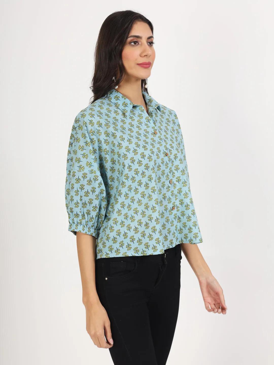 Jashvi Sky Blue Floral Printed Cotton Tops