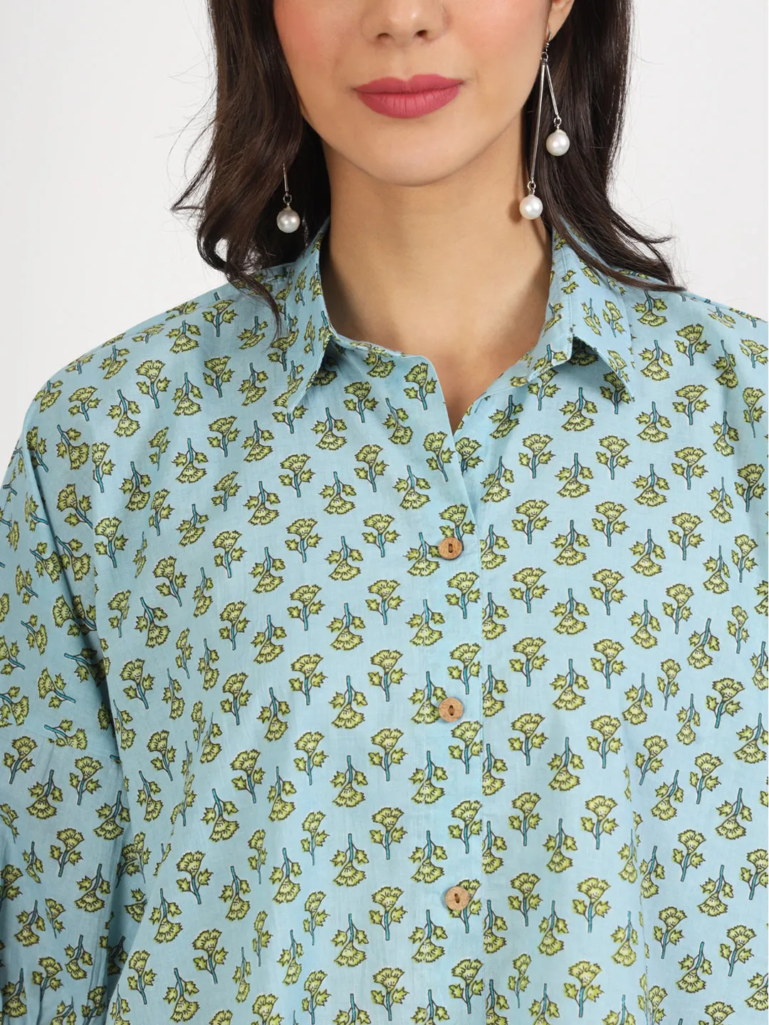 Jashvi Sky Blue Floral Printed Cotton Tops