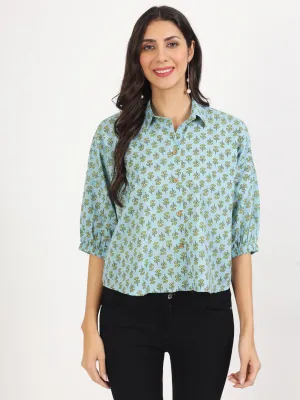 Jashvi Sky Blue Floral Printed Cotton Tops