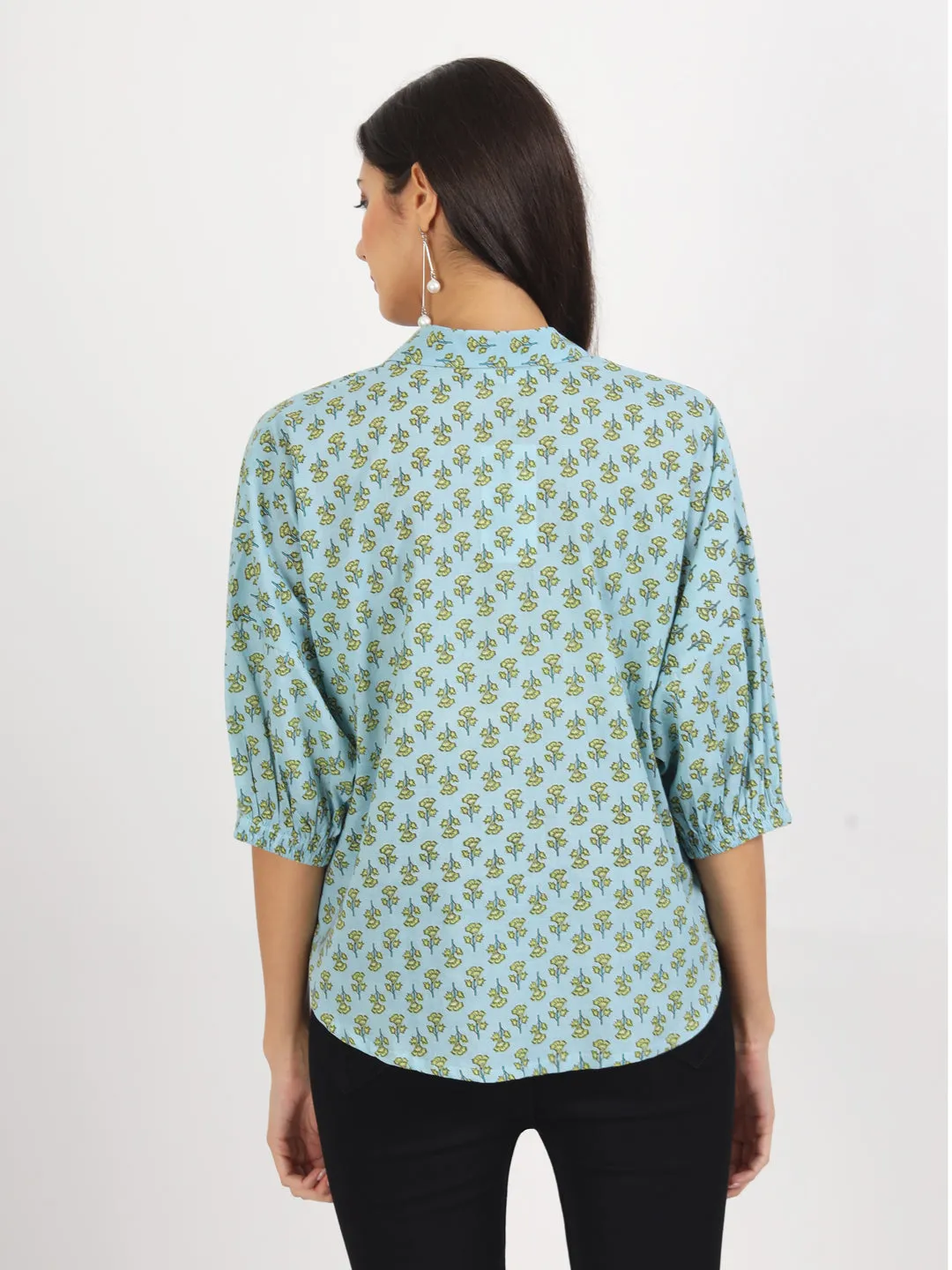 Jashvi Sky Blue Floral Printed Cotton Tops