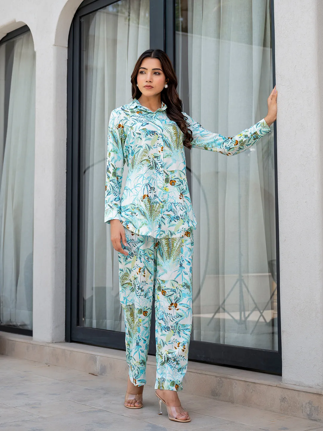 Jashvi Sky Blue Floral Printed Rayon Co-ord Set