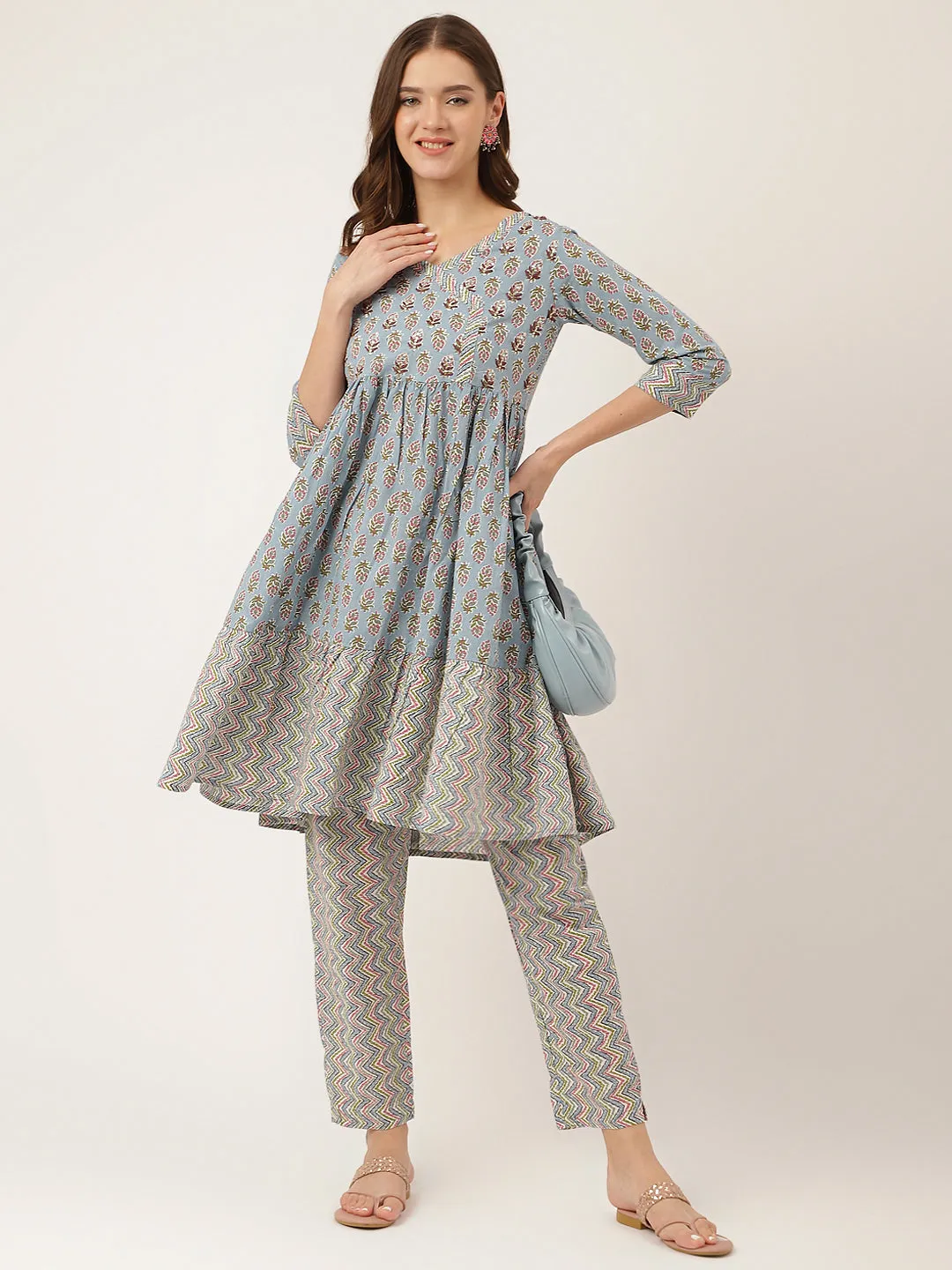 Jashvi Sky Blue Hand Block Floral Print Cotton Kurta, Trouser