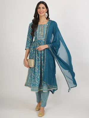 Jashvi Teal Blue Floral Print Cotton Nyra Cut Kurta pants with Dupatta set