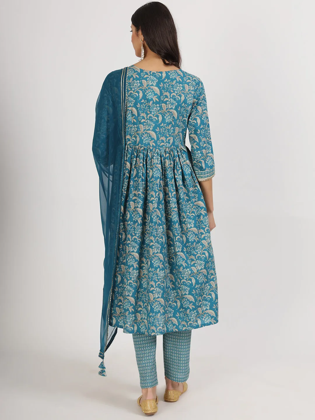 Jashvi Teal Blue Floral Print Cotton Nyra Cut Kurta pants with Dupatta set