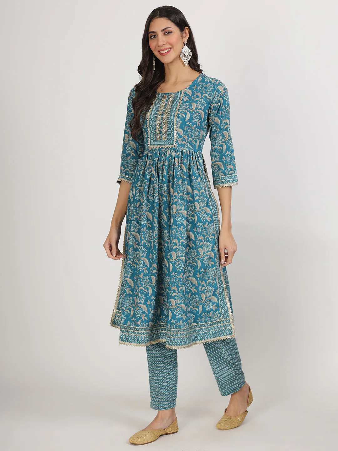 Jashvi Teal Blue Floral Print Cotton Nyra Cut Kurta pants with Dupatta set