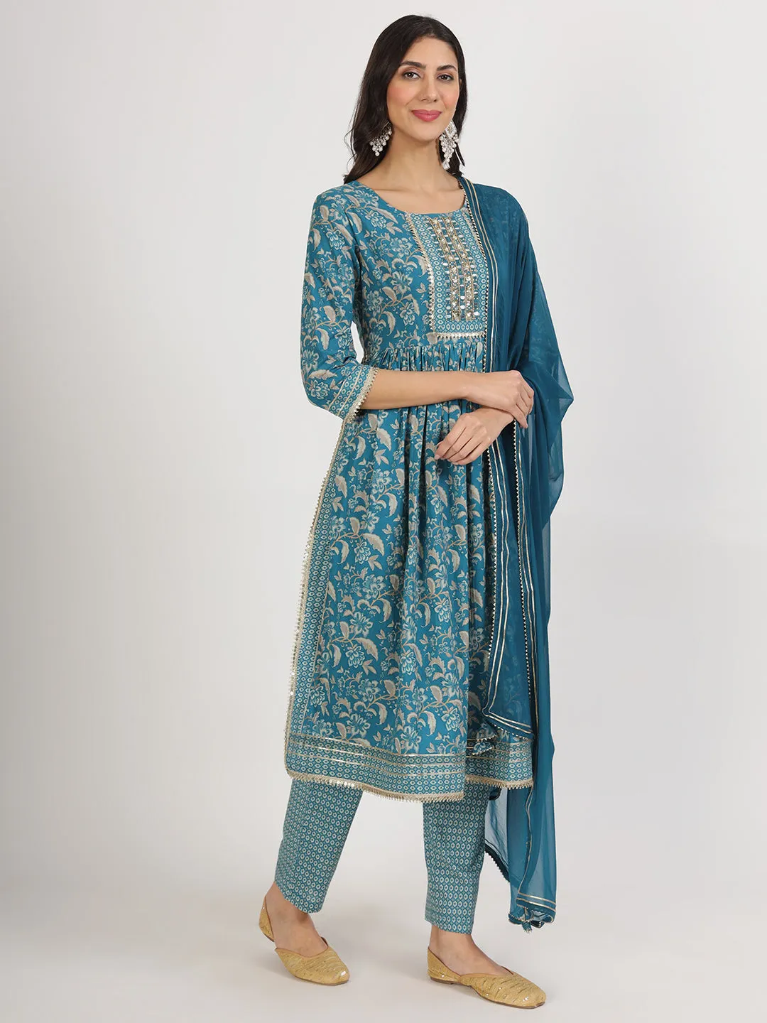 Jashvi Teal Blue Floral Print Cotton Nyra Cut Kurta pants with Dupatta set