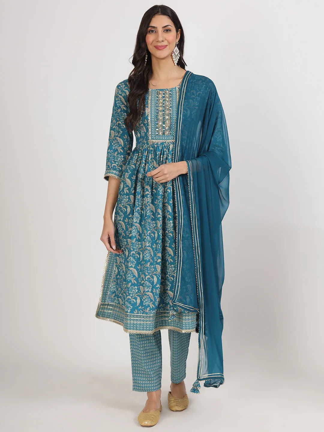 Jashvi Teal Blue Floral Print Cotton Nyra Cut Kurta pants with Dupatta set