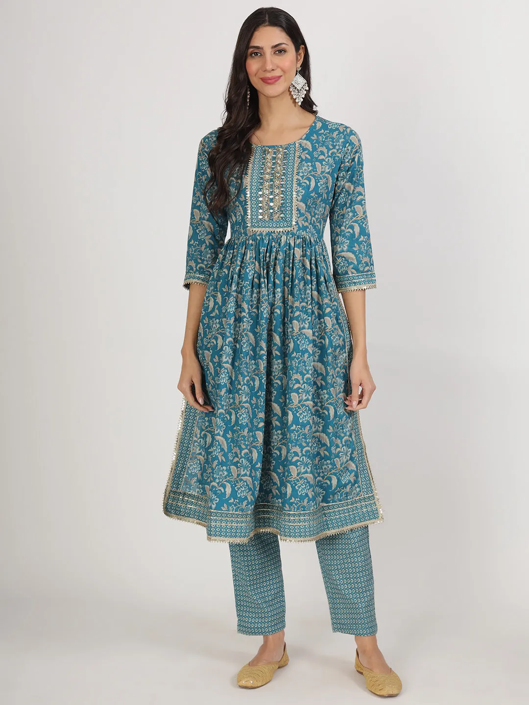 Jashvi Teal Blue Floral Print Cotton Nyra Cut Kurta pants with Dupatta set