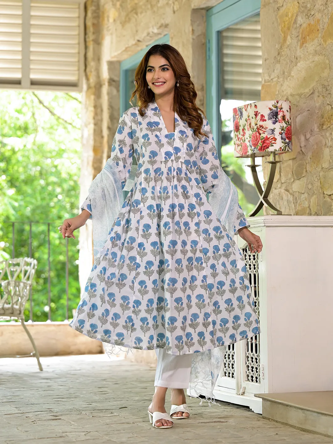 Jashvi White & Blue Floral HandBlock Cotton Anarkali Cotton Kurta Set