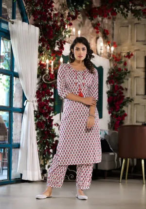 Jashvi White & Red Floral Printed Cotton Kurta with Trouser