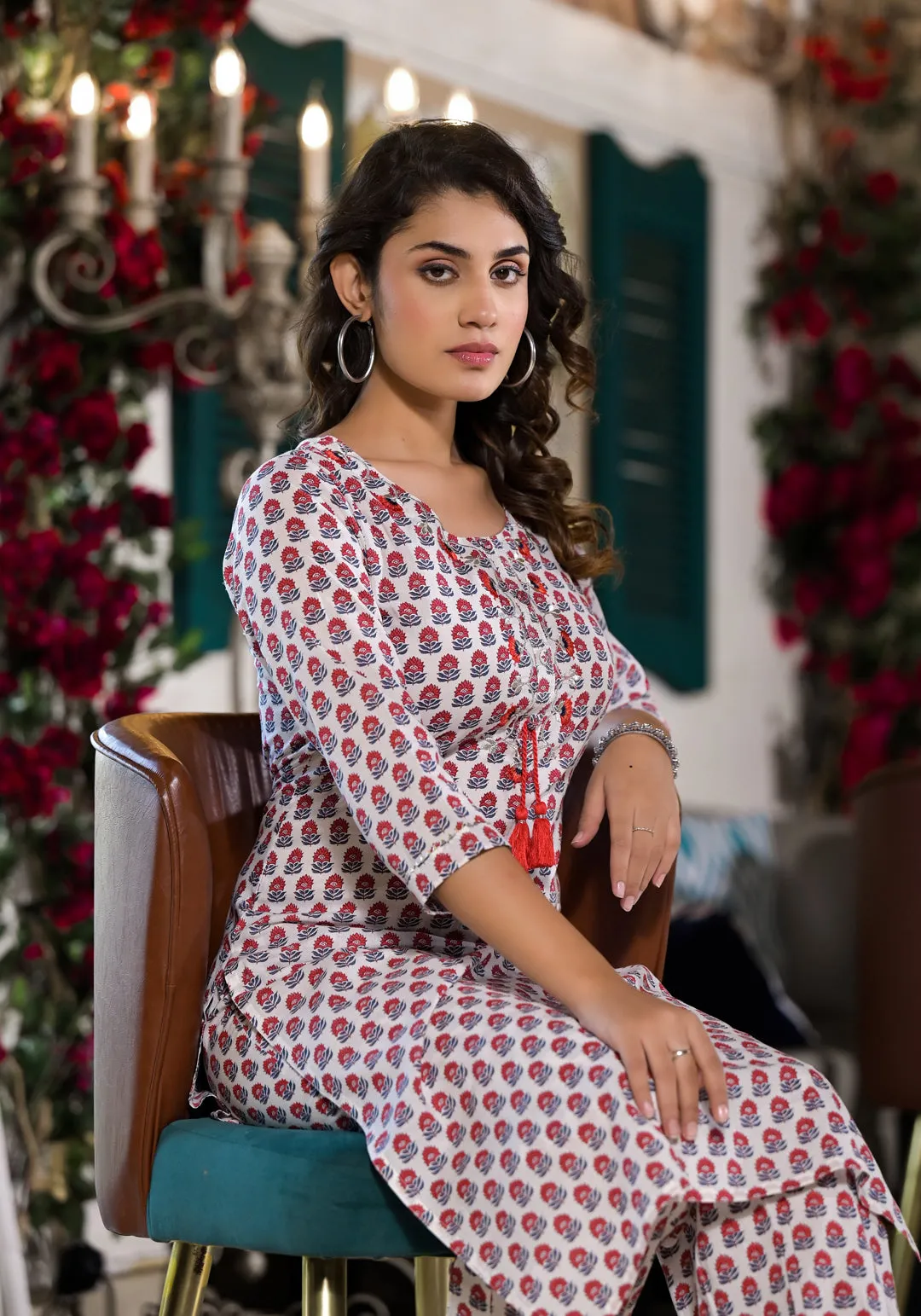 Jashvi White & Red Floral Printed Cotton Kurta with Trouser