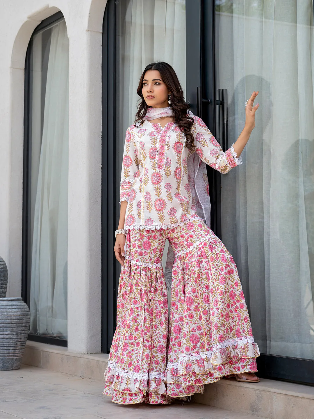 Jashvi White Floral Print Pure Cotton Kurta Sharara Set for Women