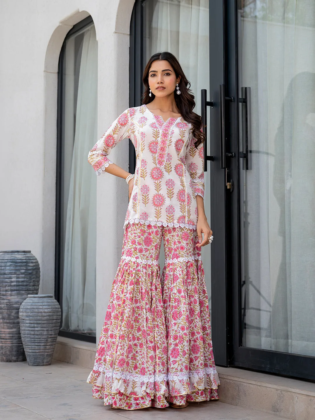 Jashvi White Floral Print Pure Cotton Kurta Sharara Set for Women