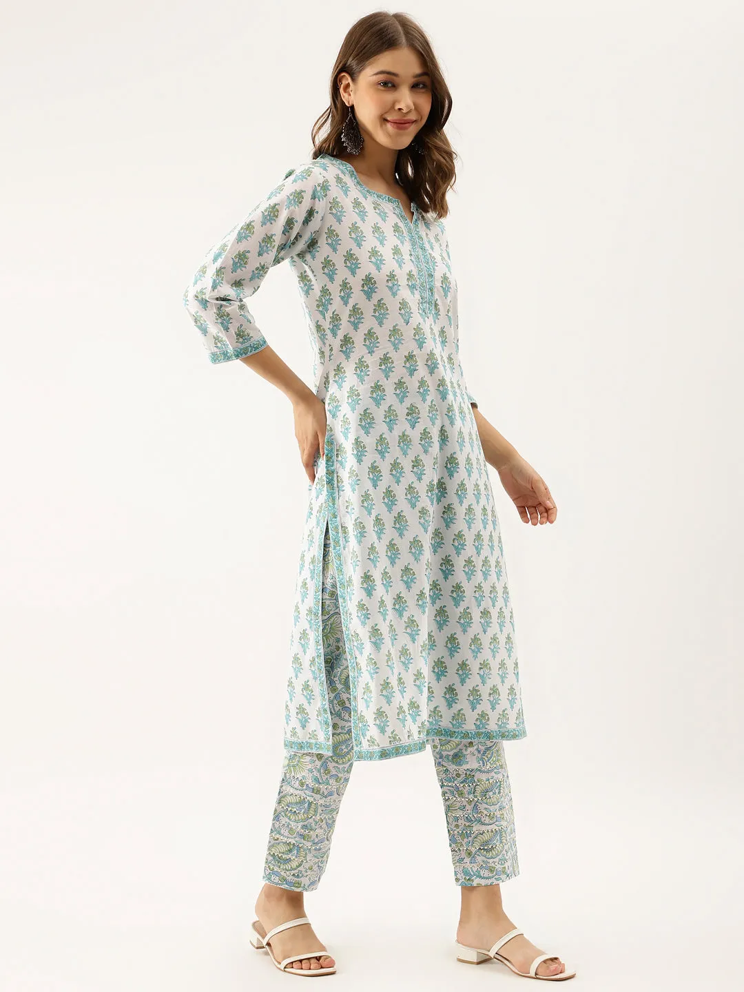 Jashvi White Sea blue Handblock Floral Printed Cotton Kurta Set with Kota Doria Dupatta