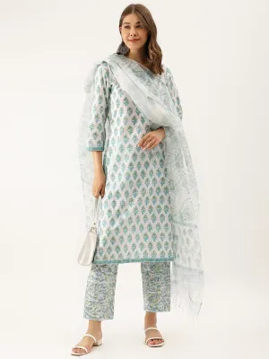 Jashvi White Sea blue Handblock Floral Printed Cotton Kurta Set with Kota Doria Dupatta