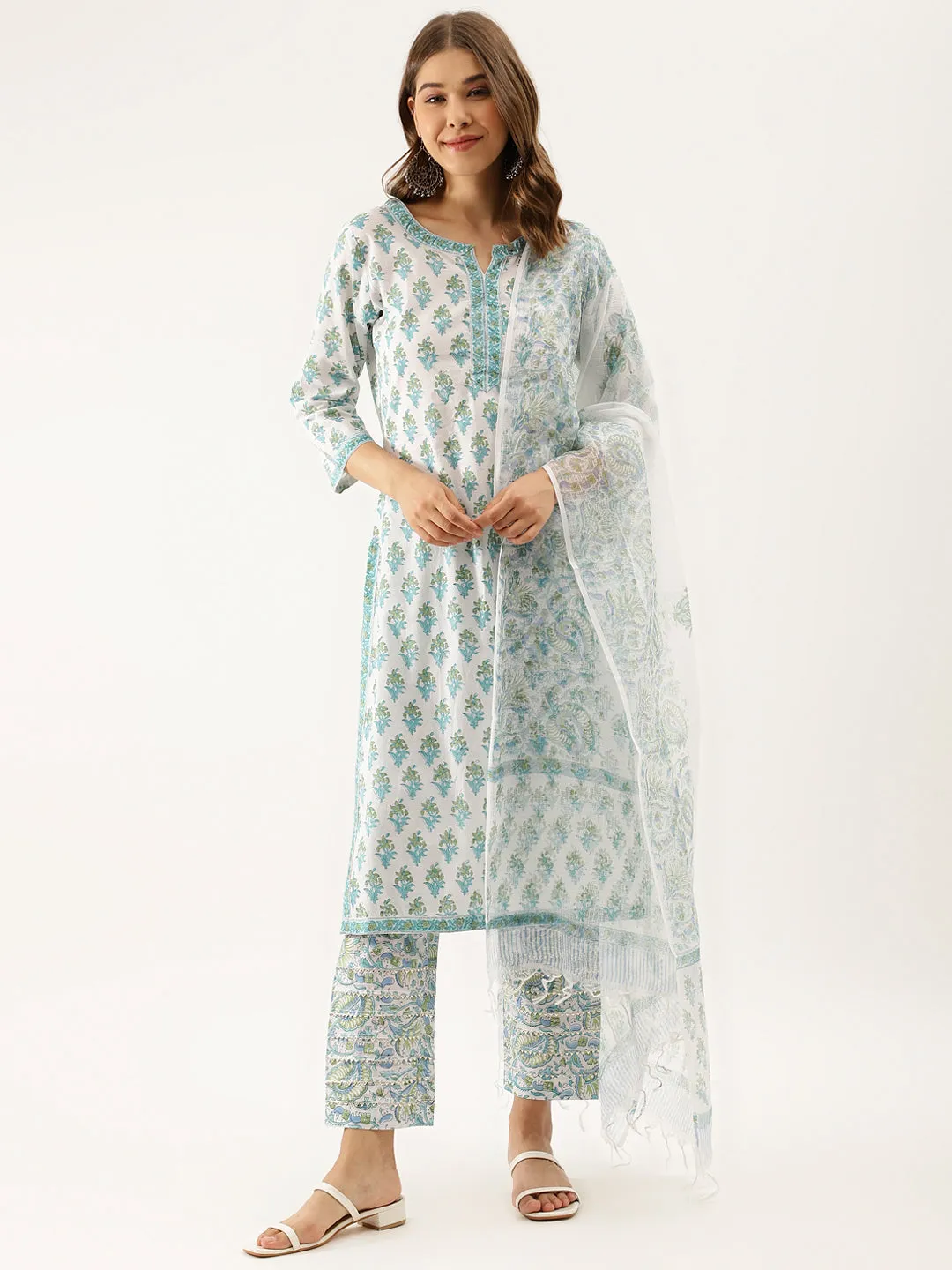 Jashvi White Sea blue Handblock Floral Printed Cotton Kurta Set with Kota Doria Dupatta