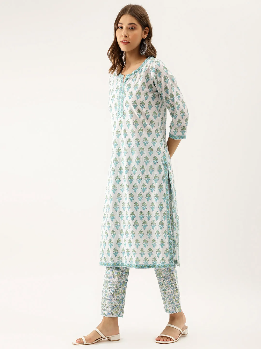 Jashvi White Sea blue Handblock Floral Printed Cotton Kurta Set with Kota Doria Dupatta