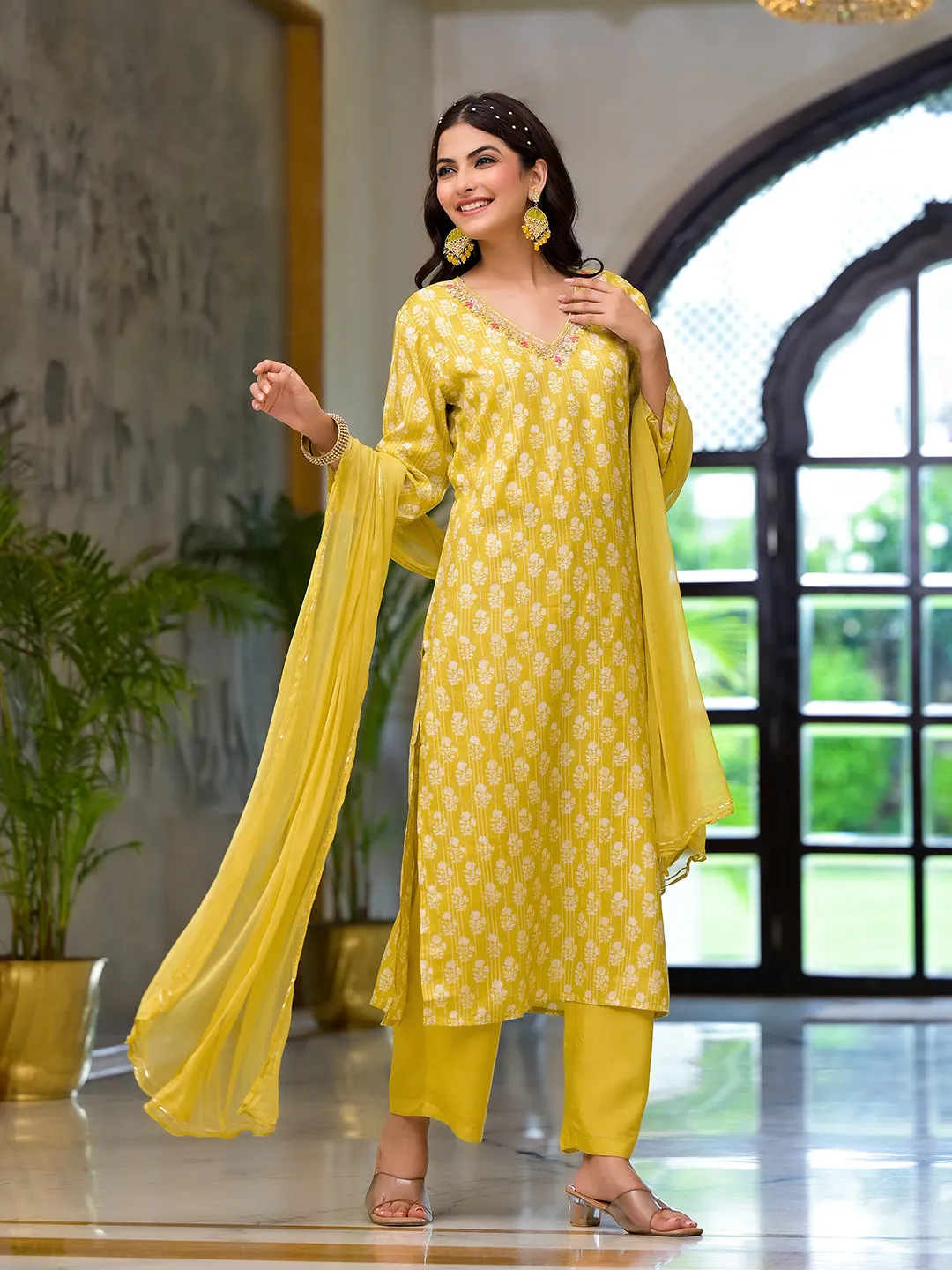 Jashvi Yellow Printed Muslin Straight Kurta & Trouser with Dupatta