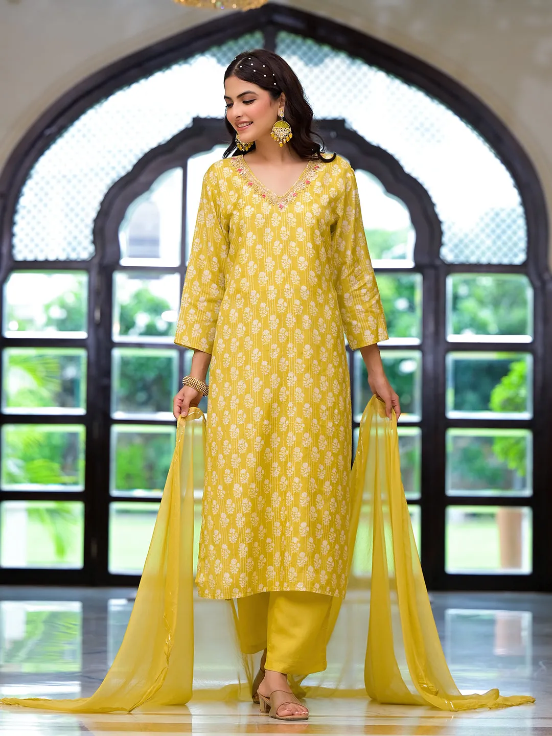 Jashvi Yellow Printed Muslin Straight Kurta & Trouser with Dupatta