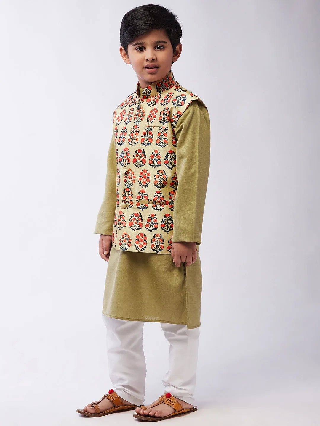 Kid's Cotton Silk Pista Green Kurta & Red Nehru Jacket With White Churidar Pyjama Set  - Sojanya KID