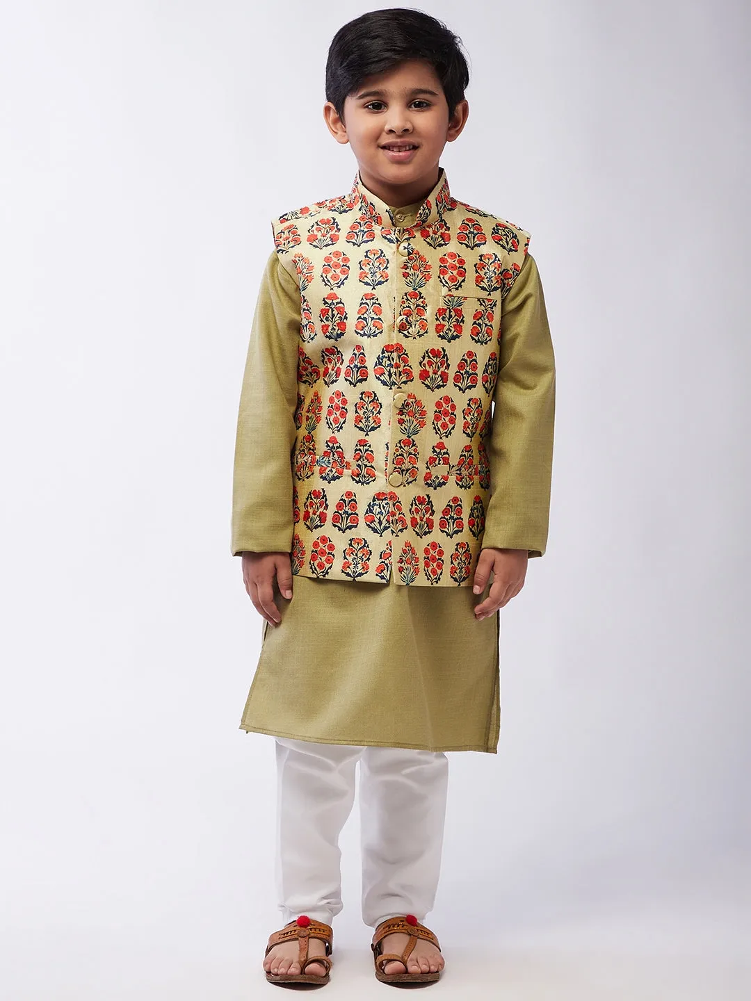 Kid's Cotton Silk Pista Green Kurta & Red Nehru Jacket With White Churidar Pyjama Set  - Sojanya KID