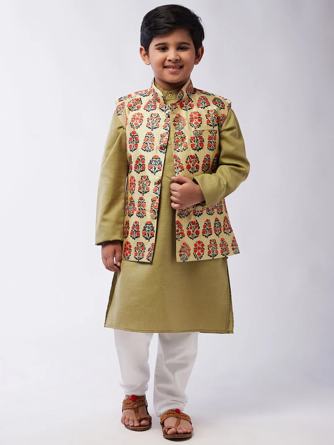 Kid's Cotton Silk Pista Green Kurta & Red Nehru Jacket With White Churidar Pyjama Set  - Sojanya KID