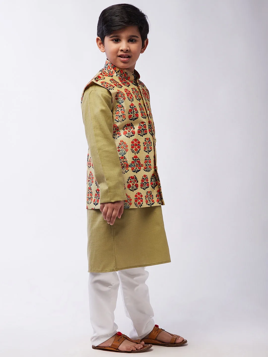 Kid's Cotton Silk Pista Green Kurta & Red Nehru Jacket With White Churidar Pyjama Set  - Sojanya KID