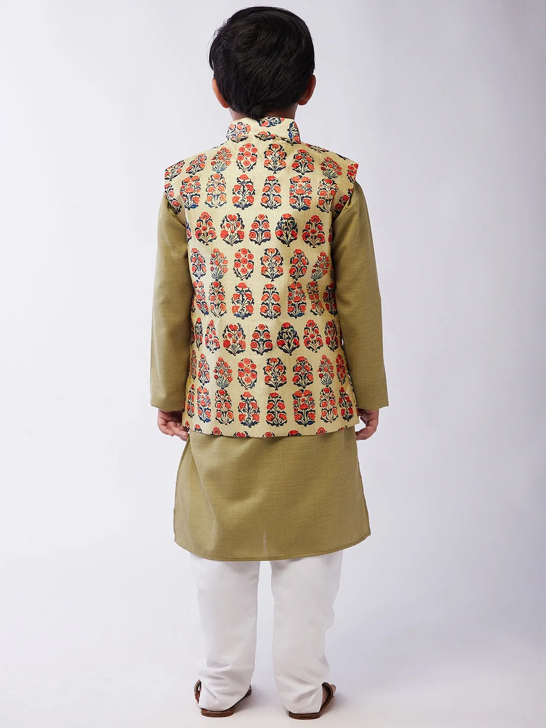 Kid's Cotton Silk Pista Green Kurta & Red Nehru Jacket With White Churidar Pyjama Set  - Sojanya KID