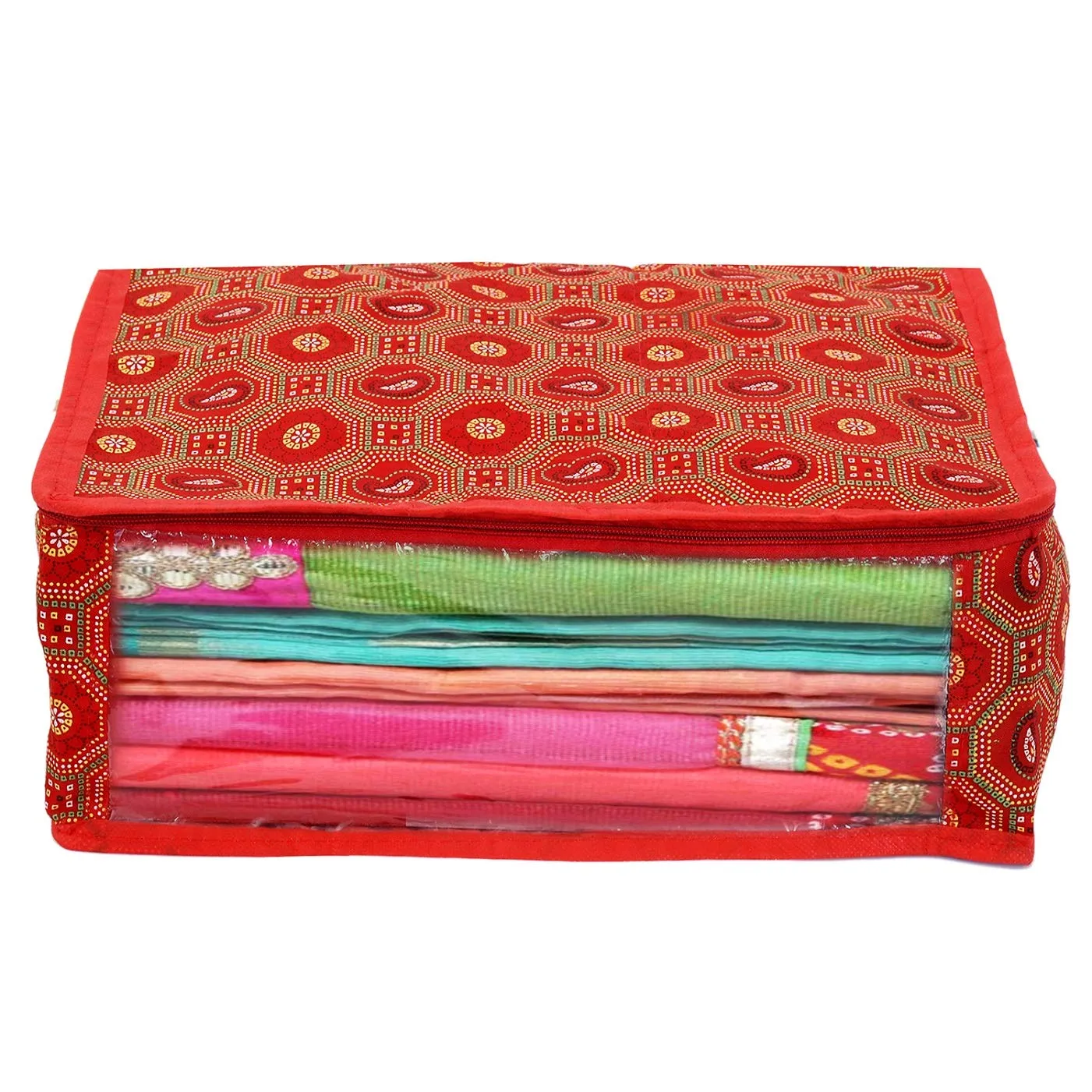 Kuber Industries Bandhani Design 2 Piece Cotton Saree Cover/Wardrobe Storage Organizer (Red) -CTKTC039022